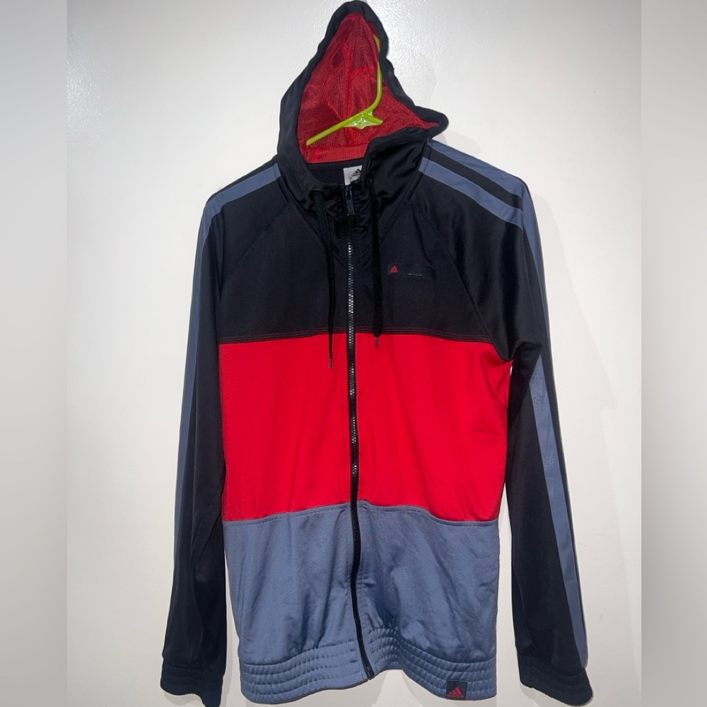 Adidas ClimaLite Hooded Jacket Black Red Gray Men's Small Athletic Hoodie